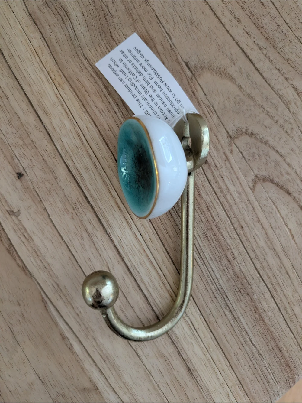 NWT Anthropologie Turquoise Glaze Ceramic Wall Hook with Gold Finish